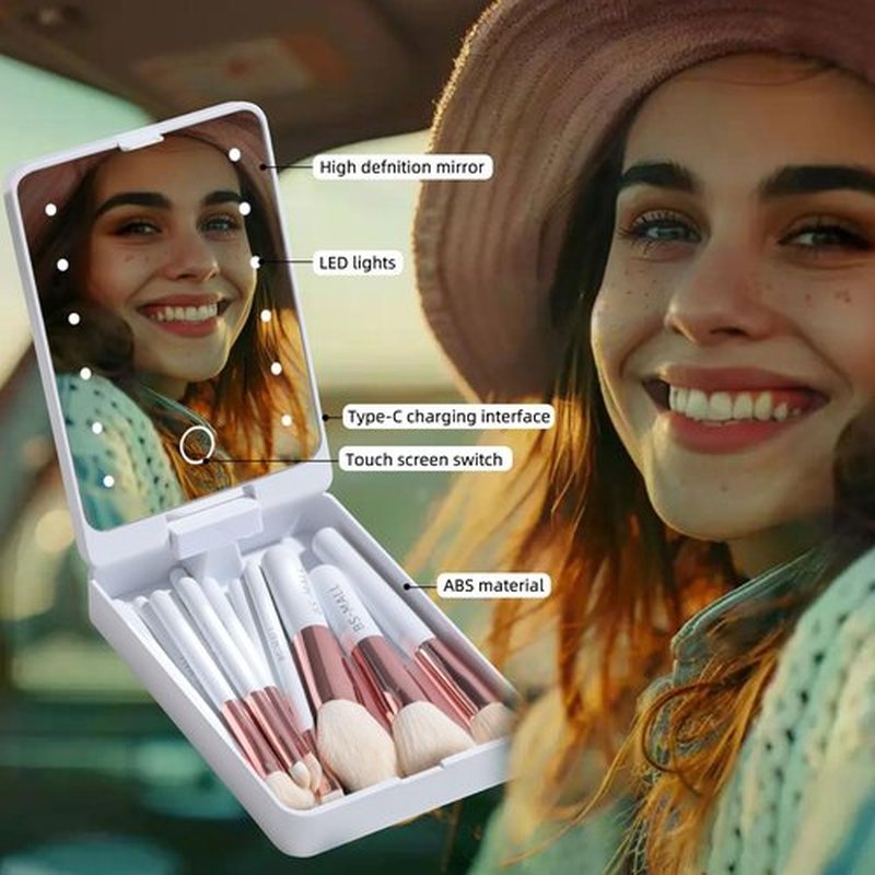 BS-MALL Travel Makeup Brush Set Foundation Powder Concealers Eye Shadows Makeup Set with LED light Mirror 14 Pcs (White)…