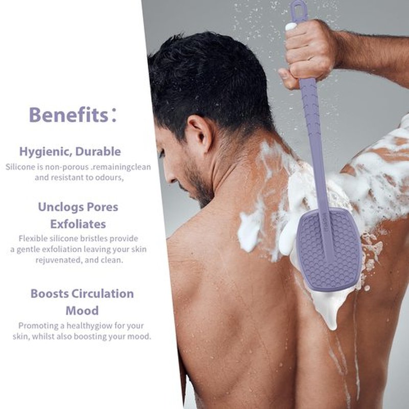 iTokGoK® All New Premium Silicone Back Scrubber with Tire Anti-Slip Long Handle for Shower, Gentle Exfoliating and Massage Brush Scrubber for Sensitive Skin for Men and Women (Lavender)