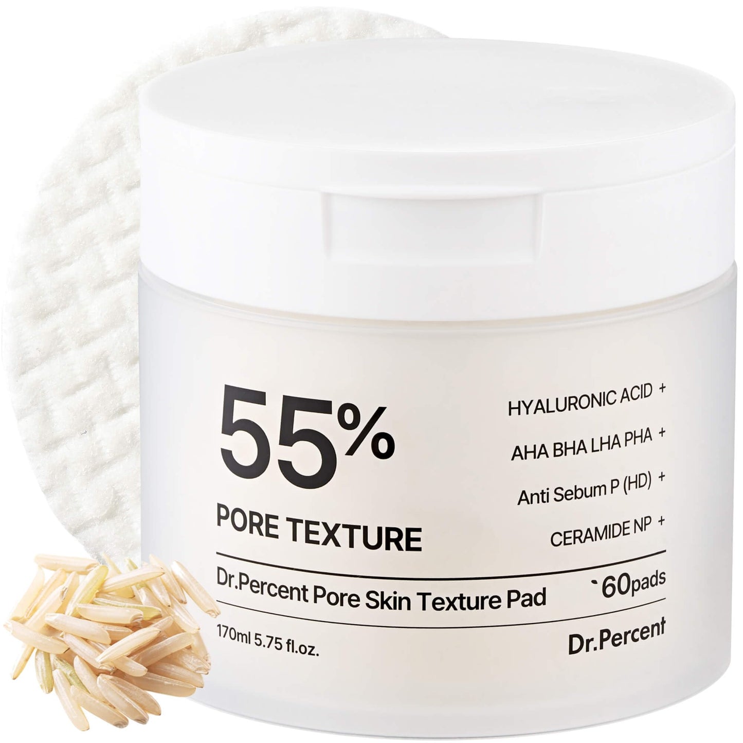 Dr.Percent Pore 55% Skin Texture Pad – AHA BHA LHA, Retinol & Rice Extract for Enlarged Pores, Sebum Control, Exfoliating Toner Pads for Glass Skin, Non-Irritating, Korean Skincare(60ct)