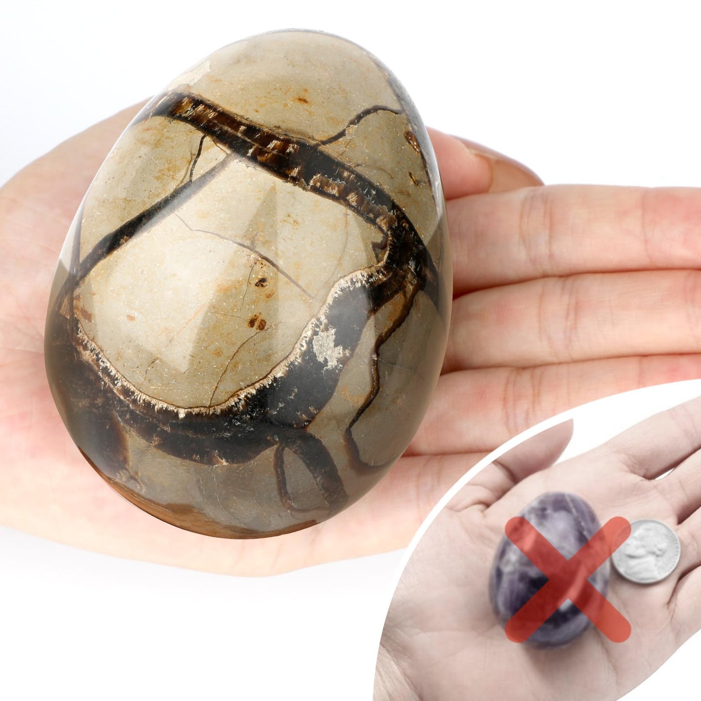 gemshan Big Stone Egg Figurine, Polished Healing Crystal 3.6inch Easter Eggs Sphere Sculpture with Wood Stand (Brown)