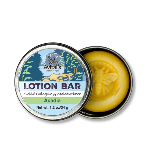 Avital's Apiaries 1.2 oz Acadia Beeswax Lotion Bar – Coastal Sea Air & Spruce Scent – Solid Natural Moisturizer for Dry Skin – Shea & Mango Butter – Plastic-Free Travel Lotion