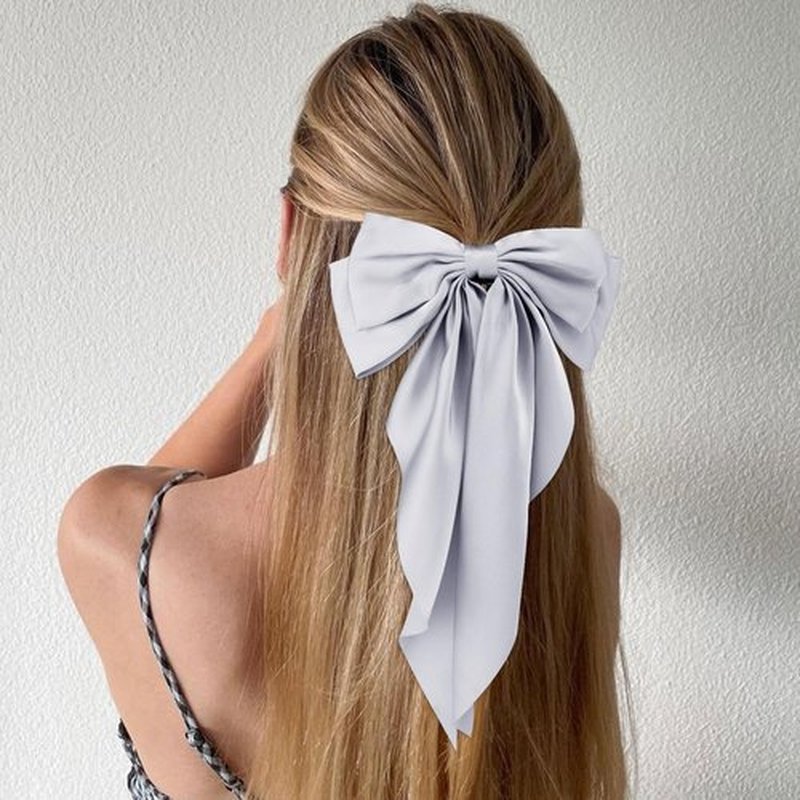 Atoden Hair Bows Silky Satin Bows for Hair Ribbons 4Pcs Coquette Oversized Long Tail Hair Bow Clips Barrettes Big Bowknot Hair Accessories for Women Girl Trendy Stuff Gifts (Beige Grey Black)