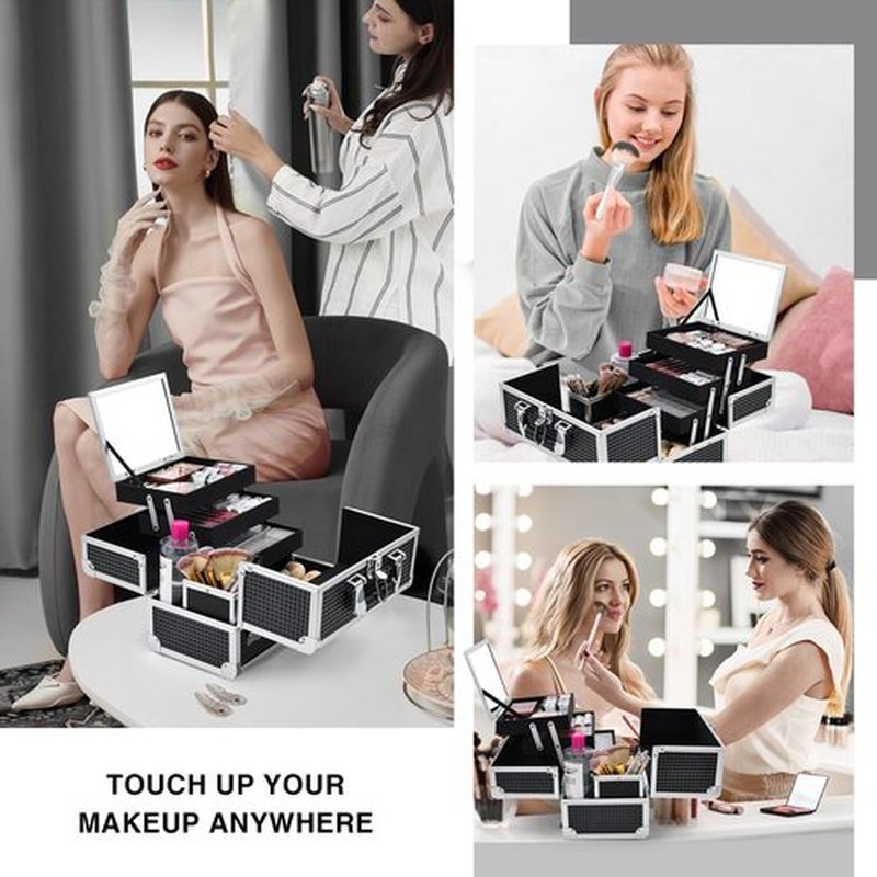 Joligrace Makeup Box Organizer Large Makeup Case 3-Tray with Mirror Carrying Make-up Train Case with Brush Holder Locking Portable Cosmetic Travel Storage Shiny Black