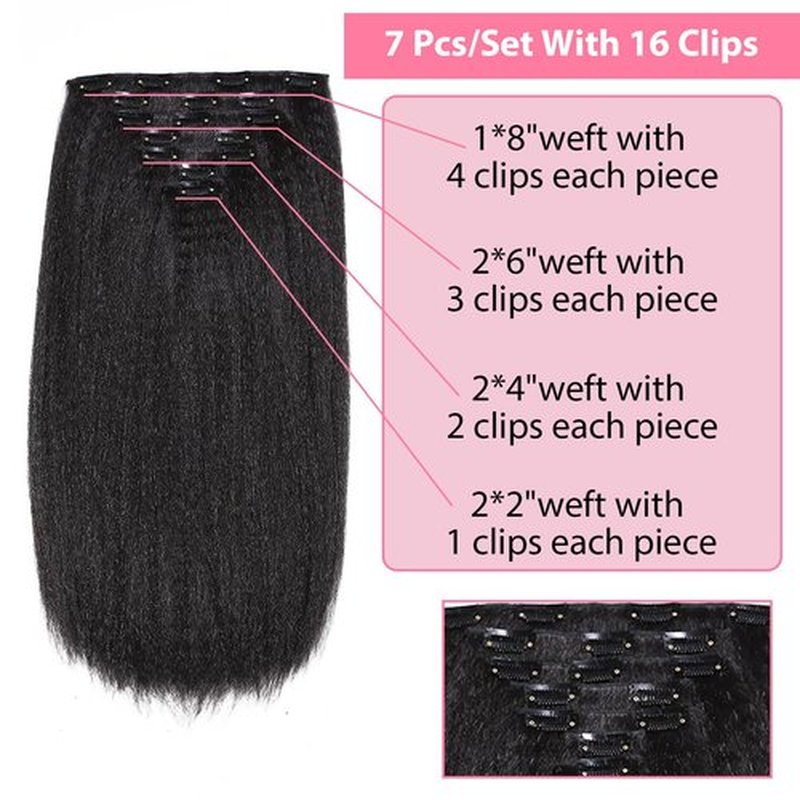 Yargel Hair 16 Inch Kinky Straight Clip in Hair Extensions for Black Women Full Head Yaki Straight Seamless Clip ins Synthetic Hair Pieces(1 pack)