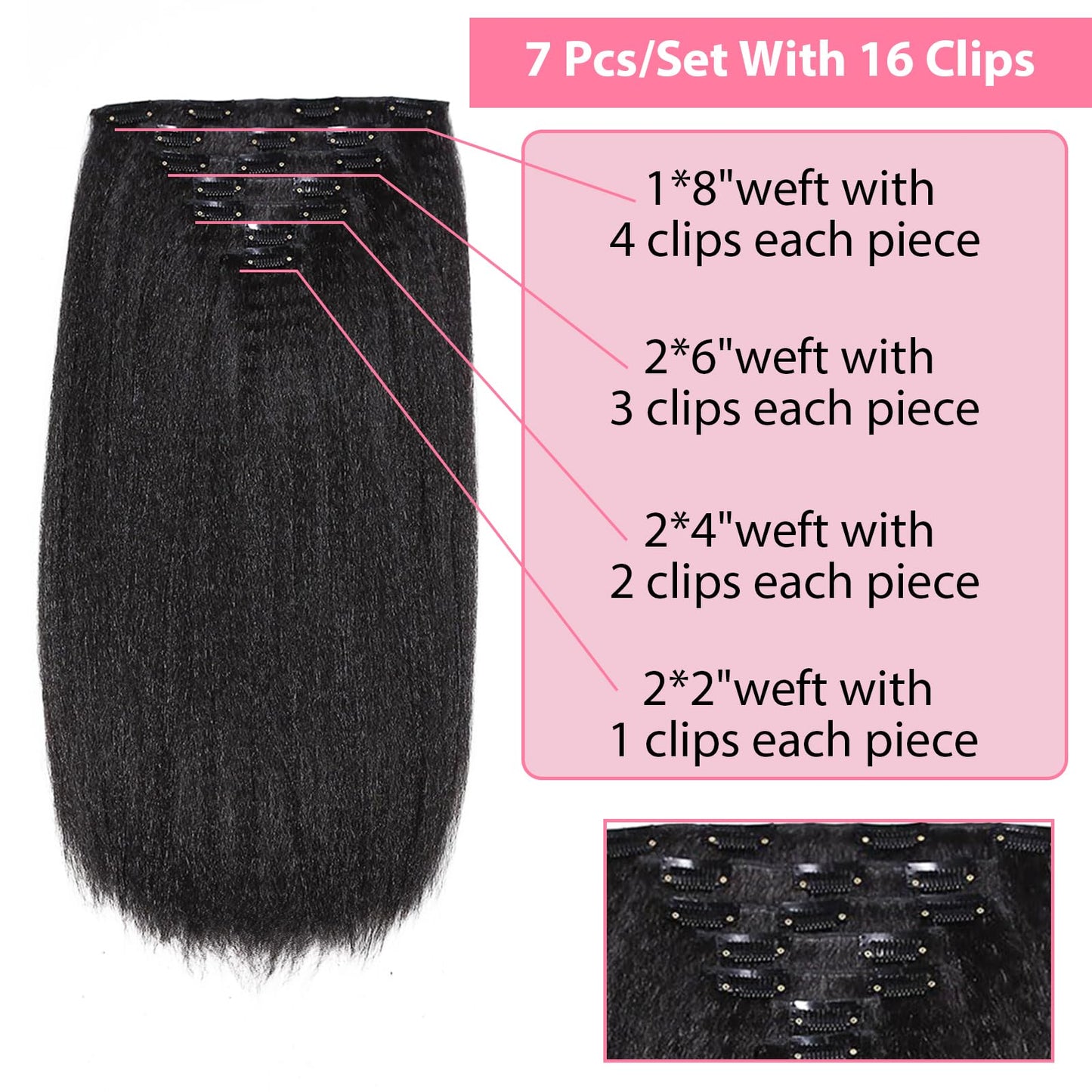 Yargel Hair 22 Inch 2 Pack Kinky Straight Clip in Hair Extensions for Black Women Yaki Straight Clip ins Full Head Seamless Synthetic Hair Pieces(14 Pcs/Set 32 Clips)