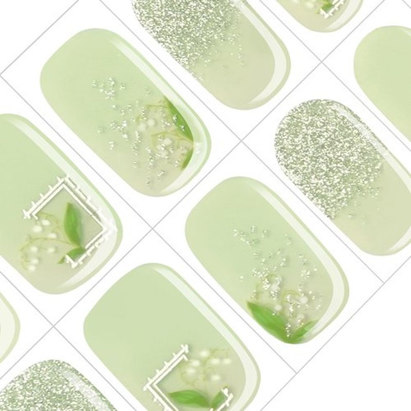 GelMala Semi Cured Gel Nail Strips Green Lily of The Valley Glitter Gel Nail Strips Long Lasting, Easy to Apply & Remove -Gel Strips for Nails Gel Nail Wraps，Easy for begginners (Muguet)