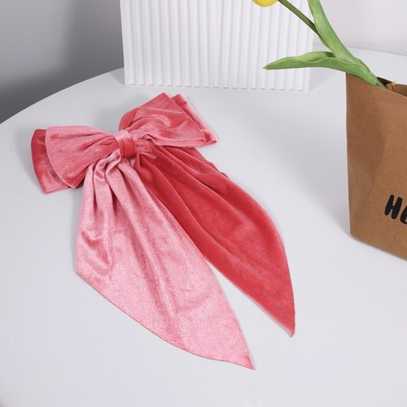 Pink Velvet Large Hair Bow Long Tail Bowknot Hair Barrette Clip 8.26 Inch Women Girls Fall Winter Ponytail Holder Hair Accessories