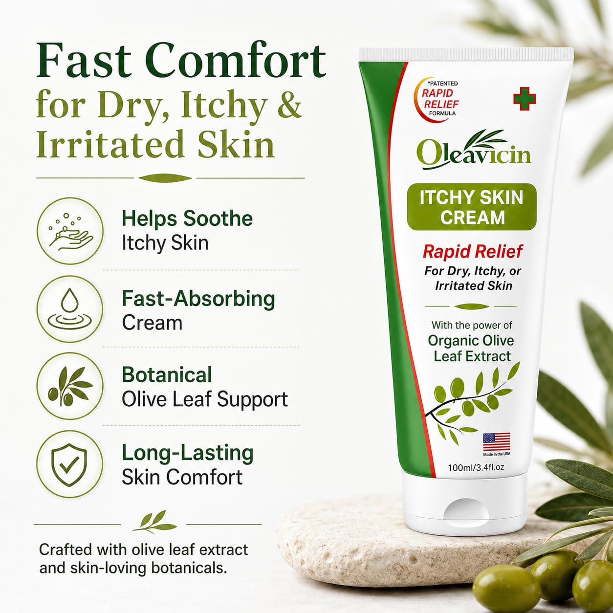 Oleavicin Extra Strength Anti-Itch Cream (3 Pack) - Fast-Acting Relief for Dry, Itchy Skin - Natural Rash & Fungal Itch Treatment with Organic Olive Leaf Extract - Soothing for Sensitive Skin