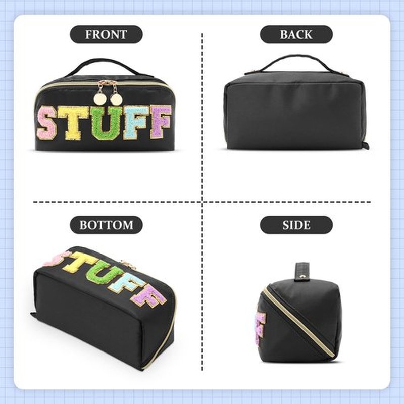 LONEDREAM Stoney Clover Preppy Makeup Bag, Large Capacity Travel Cosmetic Bag, Chenille Letter Open Flat Nylon Stuff Makeup Bag, Preppy Patch Better Belt Everything Makeup Bag, Black