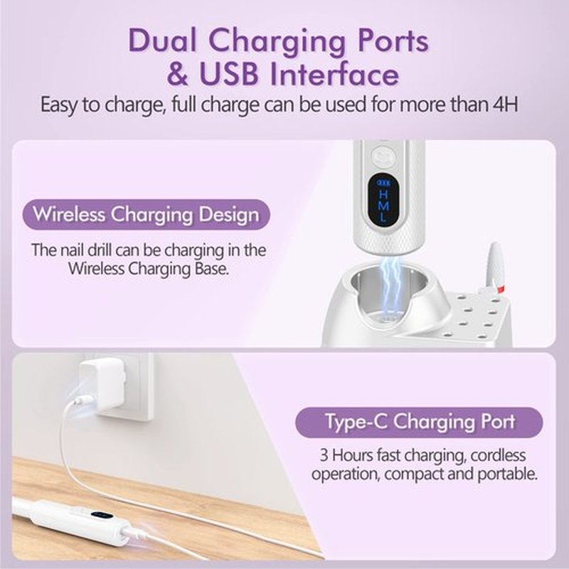 Electric Nail File Cordless Professional Nail Drill for Acrylic Nails,Gel Nails Salon Home Use Nail Drill Machine,Drill Ara Uñas Profesional White