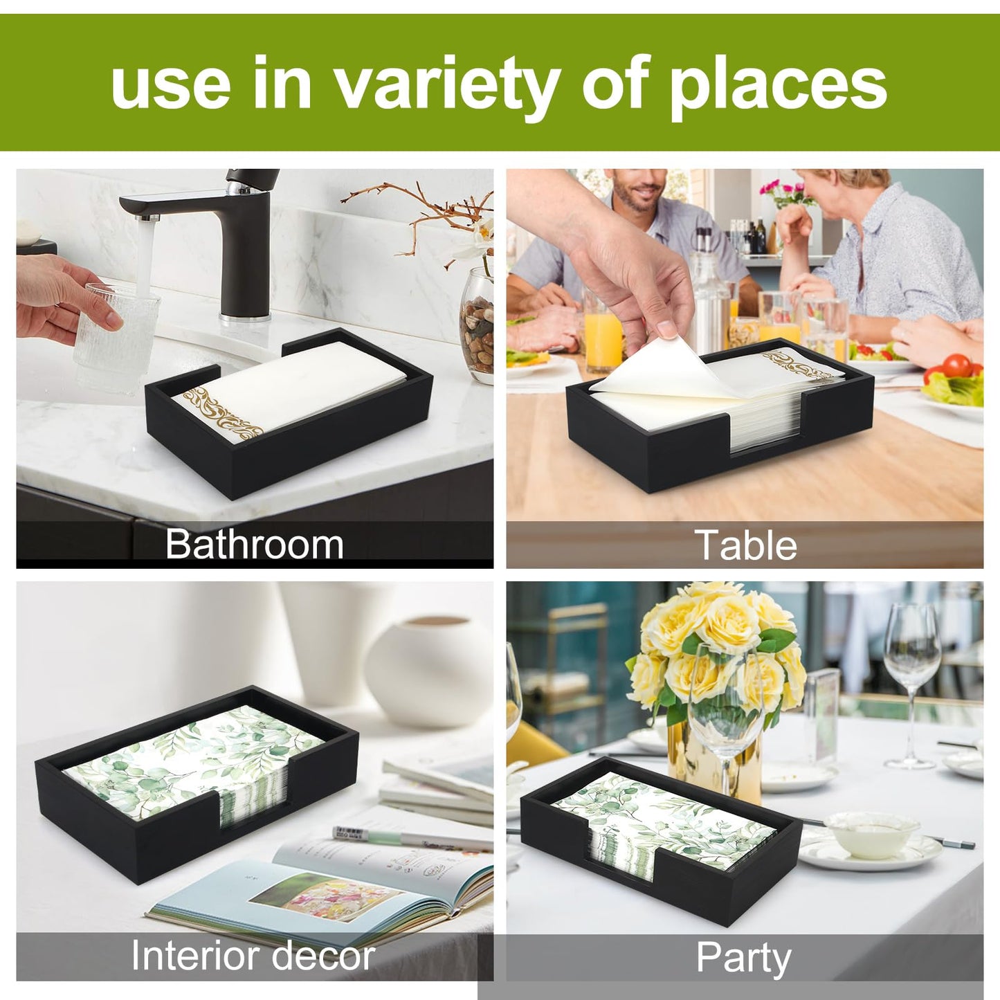 Black Wooden Napkin Holder Guest Towels Holder Flat Bathroom Napkins Holder Disposable Hand Towel Tray Cocktail Napkin Holder for Table Kitchen Counter Modern Paper Towel Holder Basket Accessories