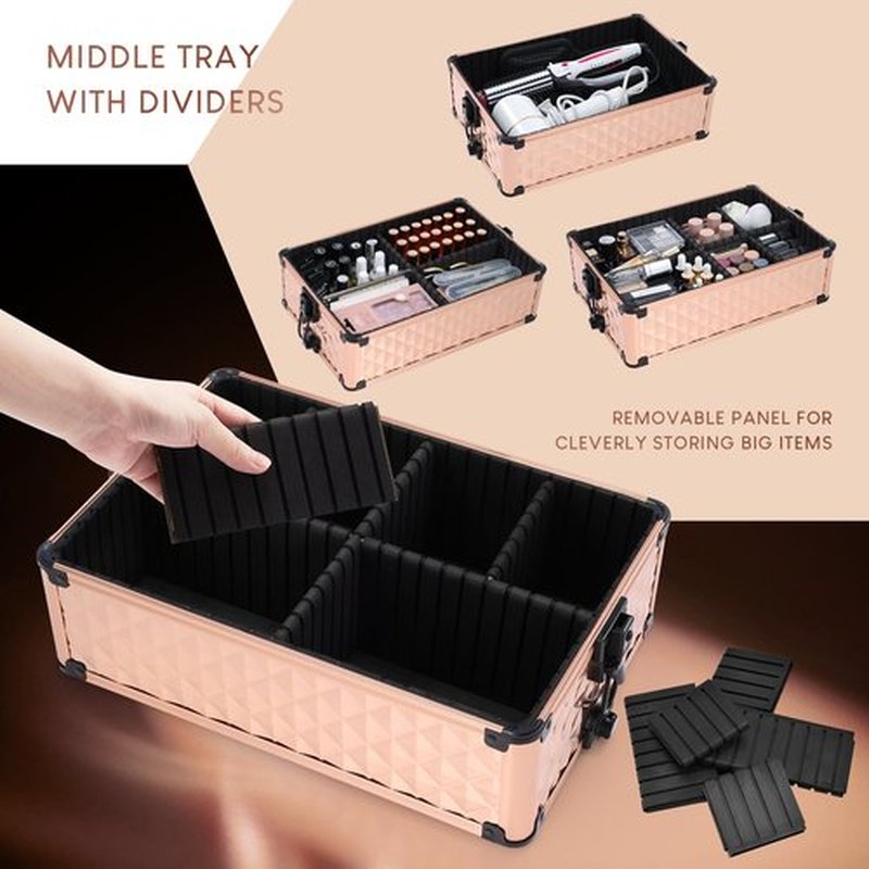Frenessa Rolling Makeup Train Case 3 in 1 Professional Cosmetic Trolley Large Storage with keys Swivel Wheels Salon Barber Case Traveling Cart Trunk for Make Up Nail Tech - Vintage Rose Gold