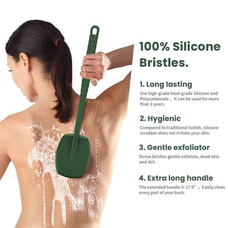 iTokGoK® All New Premium Silicone Back Scrubber with Tire Anti-Slip Long Handle for Shower, Gentle Exfoliating and Massage Brush Scrubber for Sensitive Skin for Men and Women (Midnight Green)