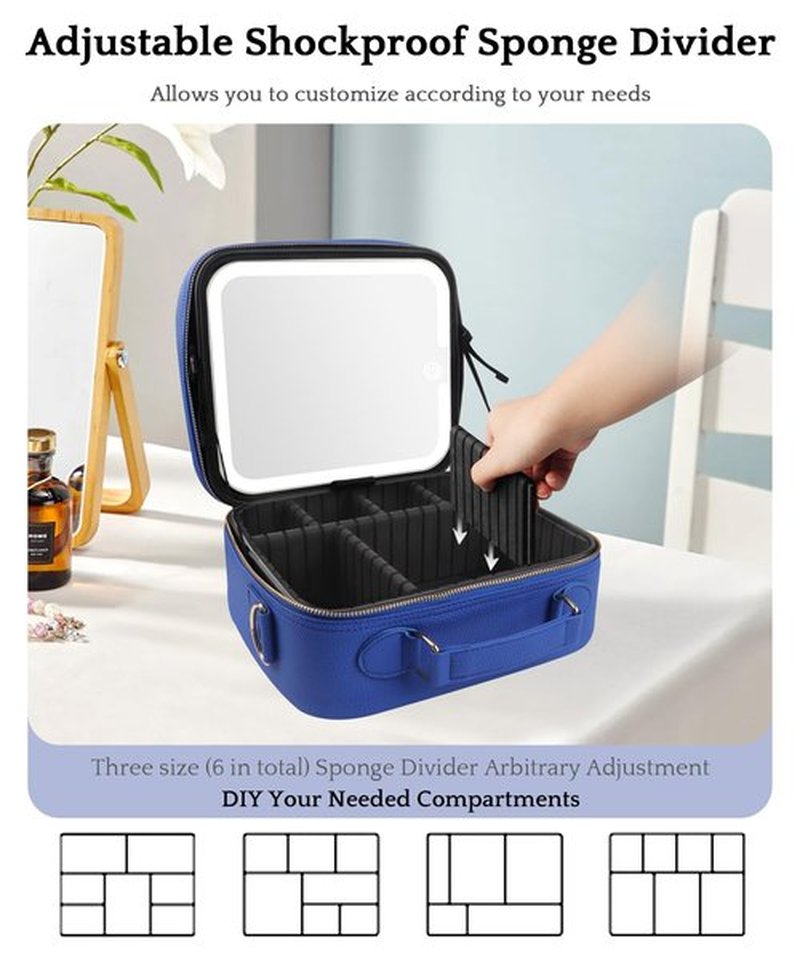 MOMIRA Travel Makeup Bag Cosmetic Bag with Lighted Mirror, Adjustable Brightness in 3 Color Scenarios/Detachable makeup mirror, 2024-All-round Upgrade, Waterproof, Gift for Women -Blue