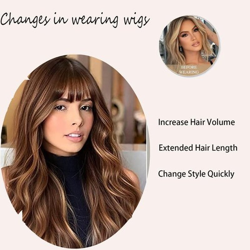 punhurt Brown Wig with Bangs for Women Long Wavy Hair Wig Brown Highlight Wig Curly Wavy Synthetic Wigs for Girls Daily Party Use