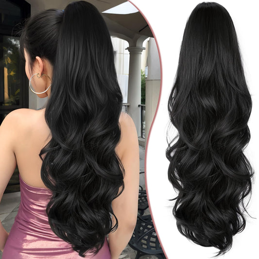 SHNMIN Ponytail Extension, Drawstring Ponytail Extension for Women 26inch Long Wavy Pony Tails Clip in Ponytail Hair Extensions Synthetic Layered Ponytail for Daily Use