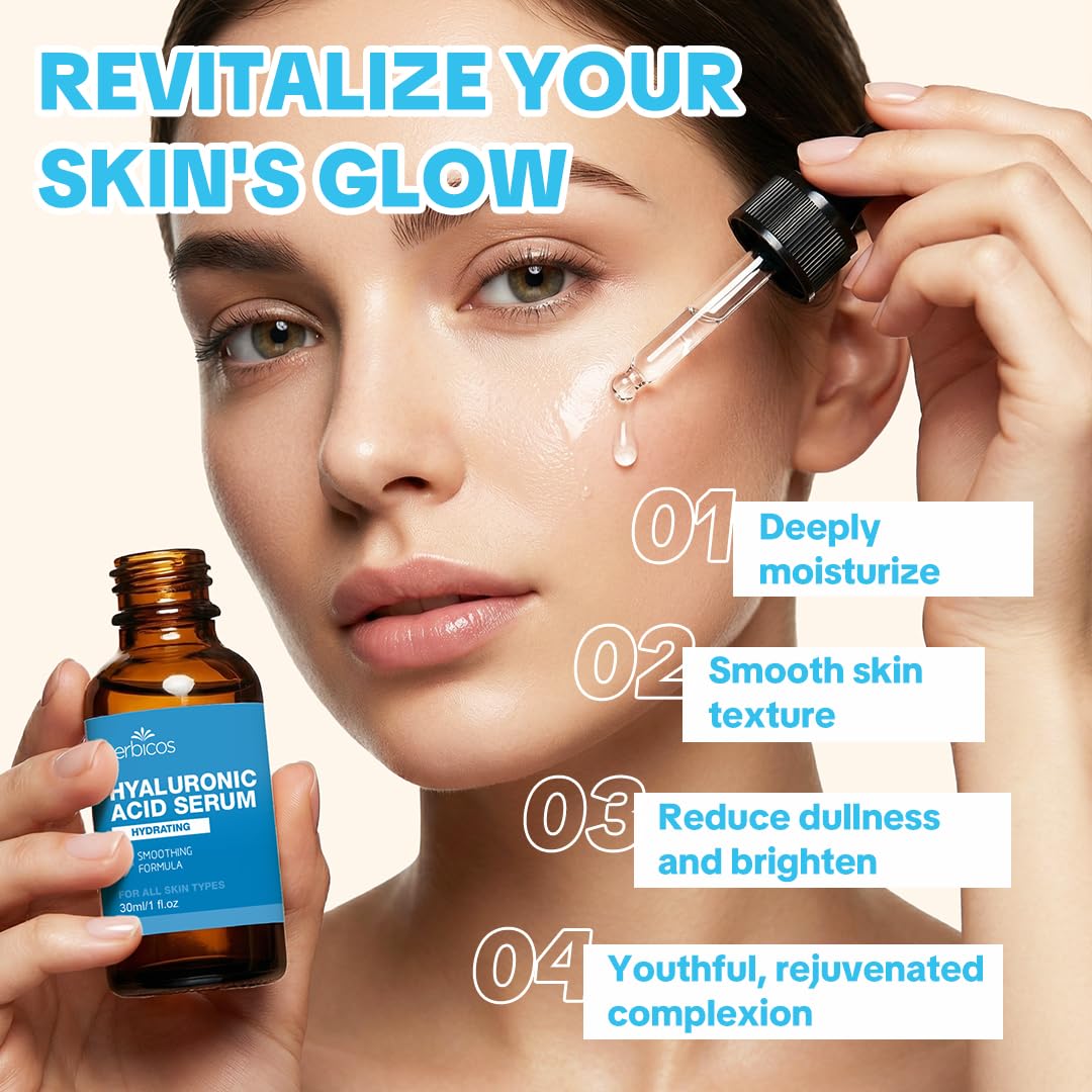 HERBICOS Hyaluronic Acid Serum for Face - 1 Fl Oz with Vitamin C, E & Jojoba Oil - Hydrating Anti-Aging Facial Serum, Brightens & Plumps Skin, Fast Absorbing Non-Sticky Formula