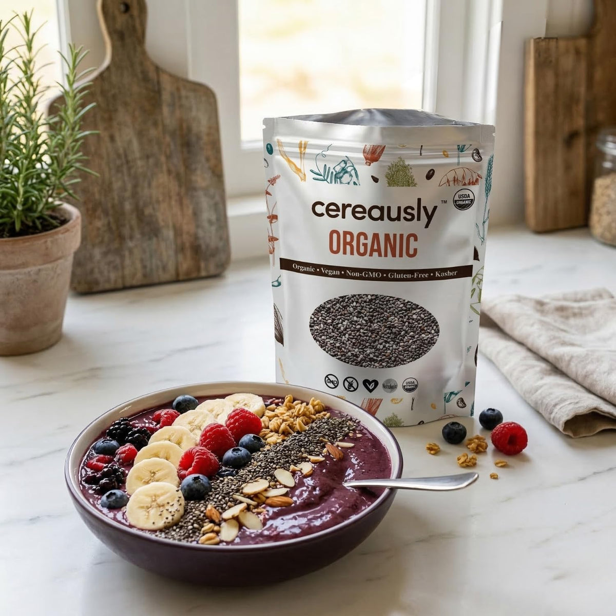 Organic Black Chia Seeds 25 lb Bulk – High Fiber Omega-3 Superfood, Non-GMO, Gluten Free, Vegan, Kosher, Whole Chia Seeds for Smoothies, Chia Pudding & Baking – Cereausly