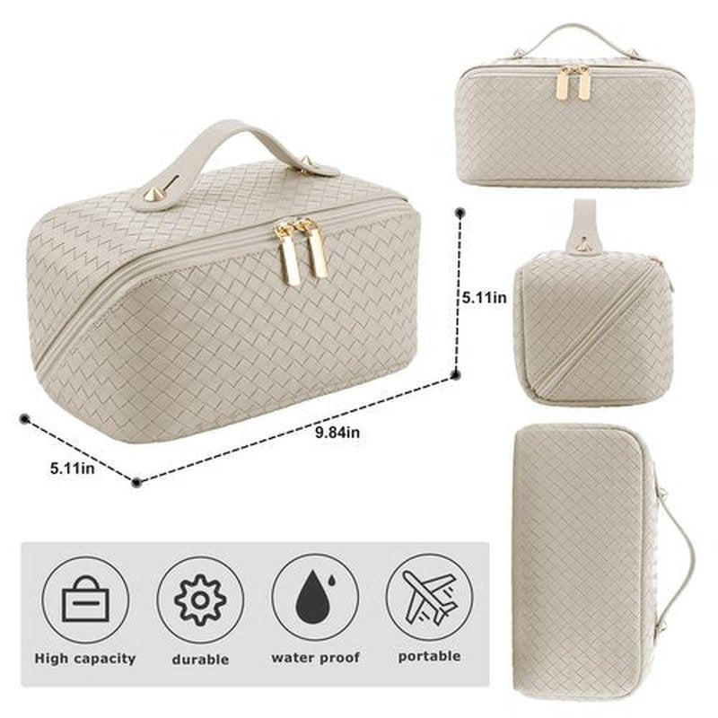 ALEXTINA Large Capacity Travel Cosmetic Bag - PU Leather Makeup Organizer Bag Portable Woven Makeup Bags for Women Waterproof Travel Toiletry Bag with Divider Pouch, Khaki
