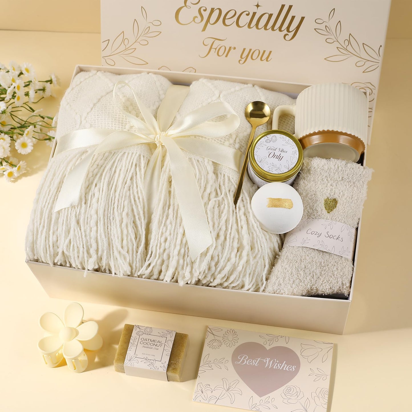 ENJOLLY Get Well Soon Gifts Baskets for Women Self Care Gifts,Birthday Gifts for Women Spa Care Package, Set for Mom Wife Girlfriend Sister Best Friend (Ivory)