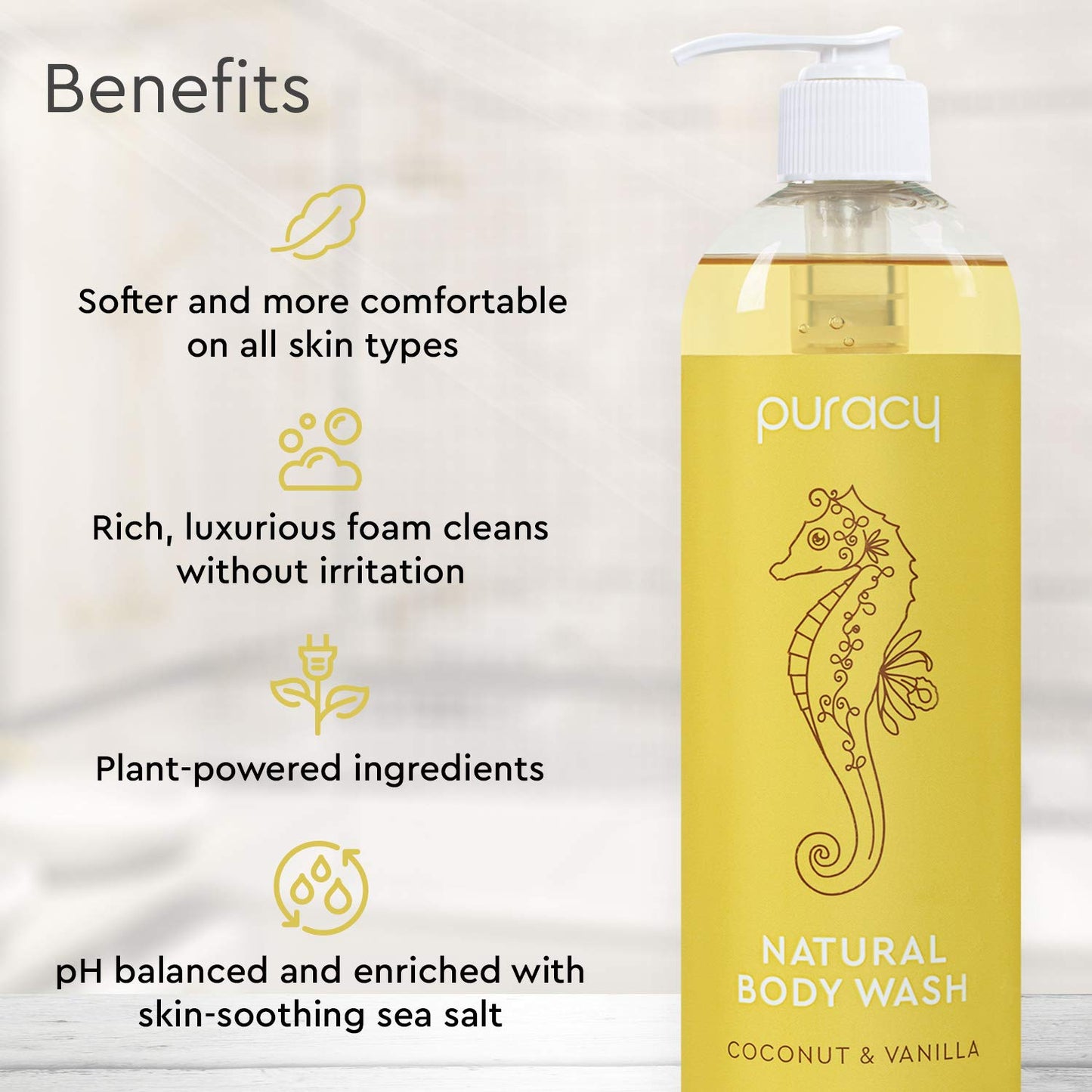 Puracy Body Wash, Natural Body Wash, 98.6% Pure Plant Ingredients, Moisturizing Shower Gel for Women Men Kids, Body Soap for Dry Sensitive Skin Gently Scented with Coconut & Vanilla, 16 Fl Oz