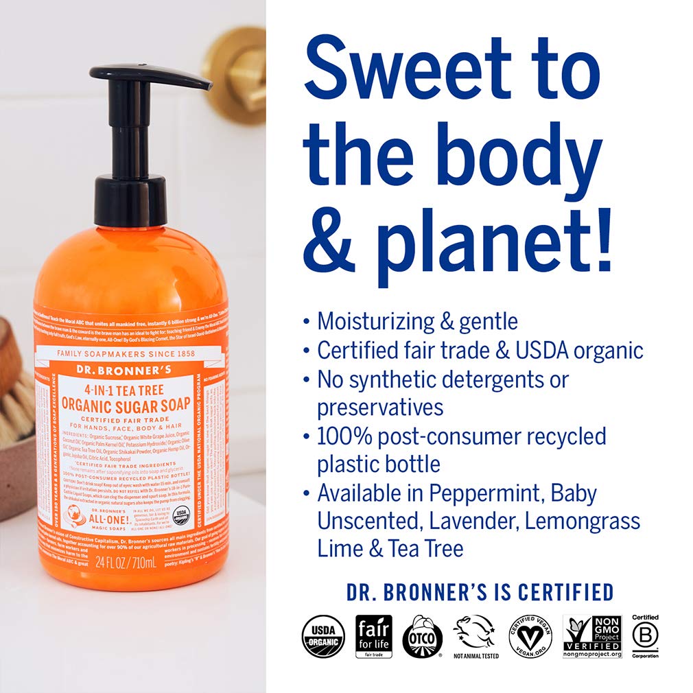 Dr. Bronner's Organic Sugar Soap (Baby Unscented, 24 Ounce) - Made with Regenerative Certified Organic Oils, Sugar & Shikakai Powder, 4-in-1 Use: Hands, Body, Face and Hair- Liquid Soap, Nourishes