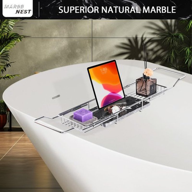 MARBBNEST Bathtub Tray Caddy for Luxury Bath Expandable Extra Wide Bath Tub Tray with Natural Marble Tray and Mobile/Tablet Stand, Ideal for Home Spa Lovers (Chrome + Black)