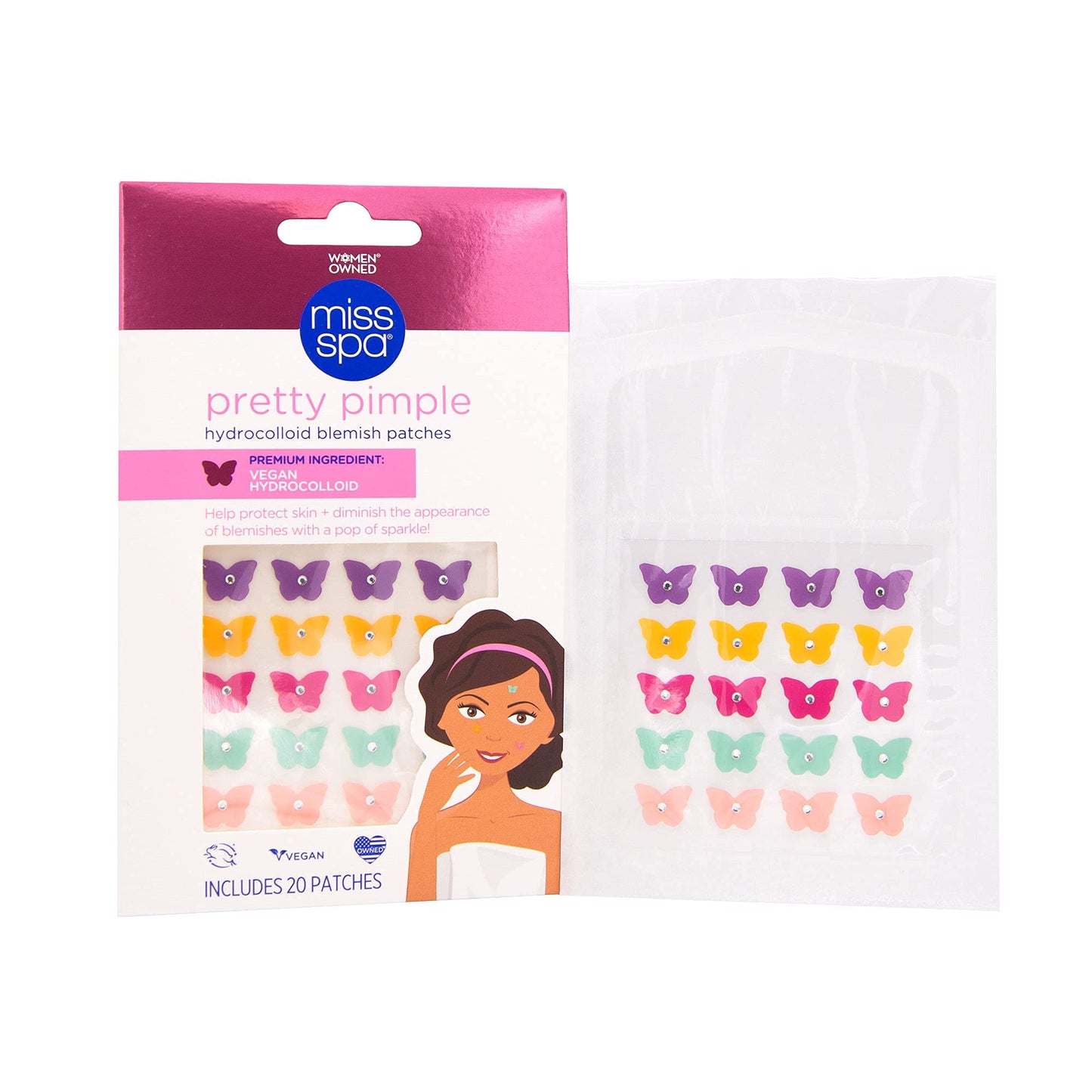 Miss Spa Blemish Patches, Hydrocolloid Acne Pimple Patches, Colorful Butterfly Vegan Hydrocolloid Absorbing Acne Patches, Face & Body Pimple Patches 4 Packs (80 Count)