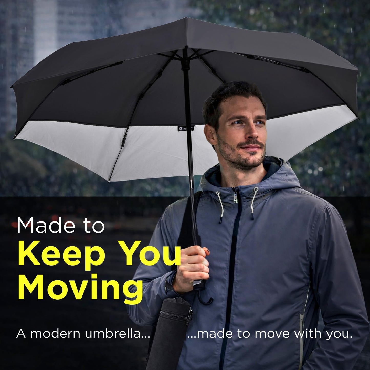DROPTOP Umbrella Travel Size - Windproof Folding with Case and Strap, Black