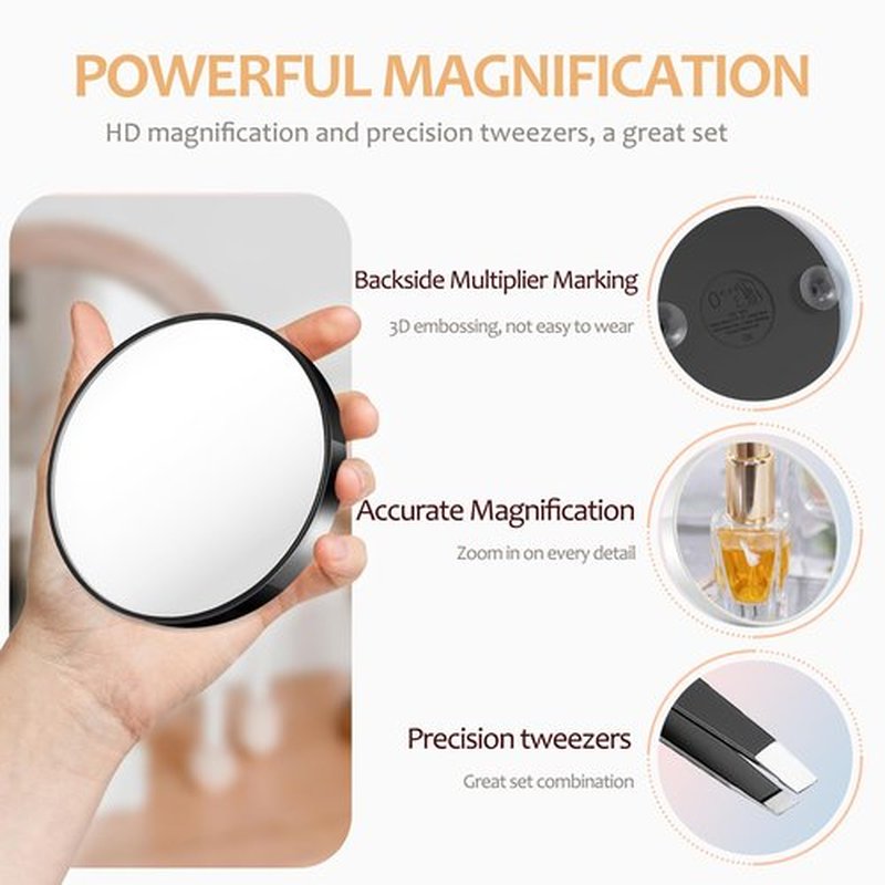 Magnifying Mirror 10X&30X Set, Magnified Mirror 3.5" with Two Suction Cups and Tweezers, Travel Magnifying Mirror Set Comes with Portable Storage Bag, Compact Small Magnifying Mirror for Travel(Black)
