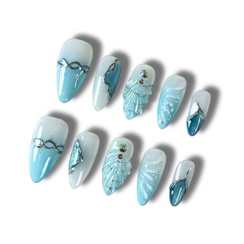 Yabonica Handmade Press On Nail Blue-3D Seashell Press On Nail Medium Almond False Nail-Glue On Nail Charm Design-Reusable Stick On Nail for Woman-Set of 10pcs Beach Acrylic Fake Nail Art Kit(036, M)