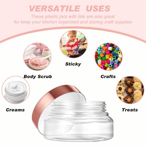 Tessco 24 Pack Plastic Jars with Lids Labels Plastic Containers Round Refillable Cosmetic Containers Empty Body Butter Jars Sugar Scrub Containers for Cosmetics (Clear, Rose Gold,5 oz)