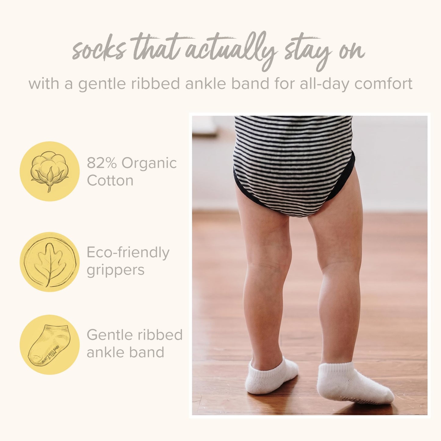 Burt's Bees Baby Organic Ankle & Crew Socks with Non-Slip Grips, 6-Pack