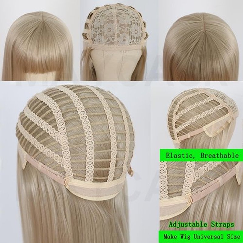 Maycaur Blue Synthetic Hair Wigs with Full Bangs Long Straight Women's Wig Heat Resistant Synthetic No Lace Wigs for Fashion Women