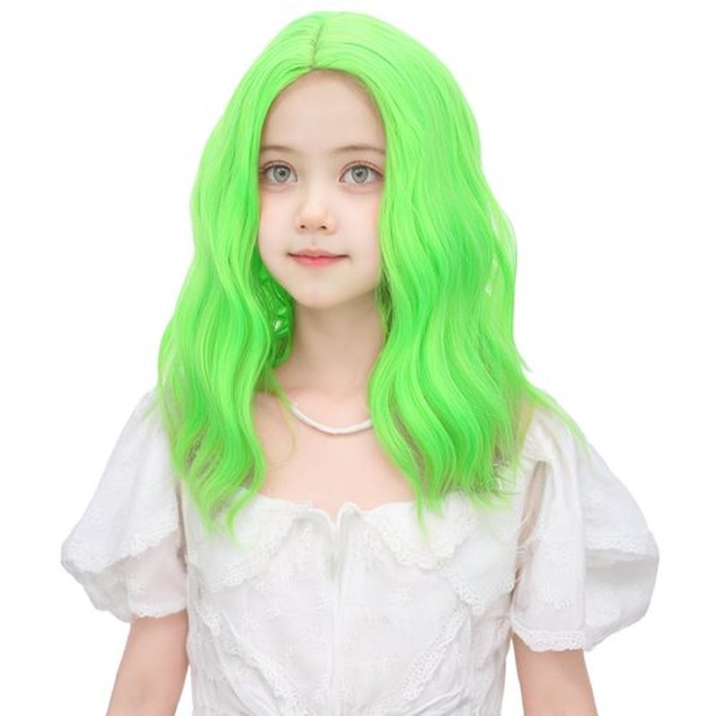 Ufindcos Green Wig for Kids Short Wavy Curly Wig Lime Green for Girls Side Part Bob Wig Synthetic Hair Wig with Wig Cap