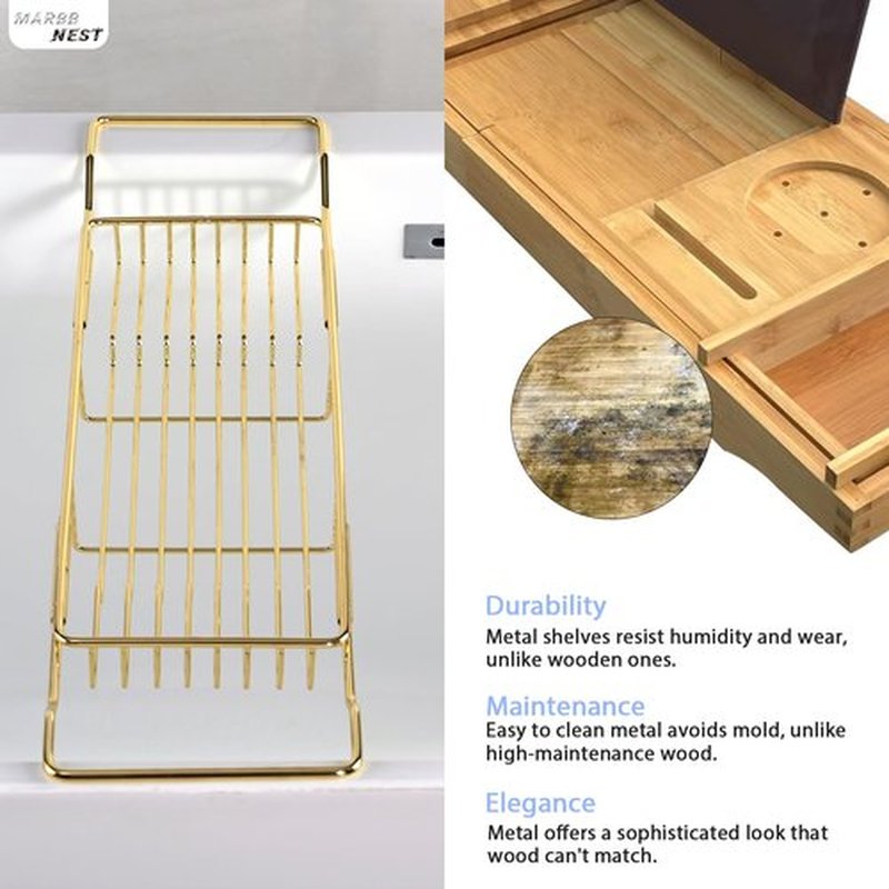 MARBBNEST Bathtub Tray Caddy for Luxury Bath Expandable Extra Wide Bath Tub Tray with Natural Marble Tray and Mobile/Tablet Stand, Ideal for Home Spa Lovers(Gold + Large Flower Green)