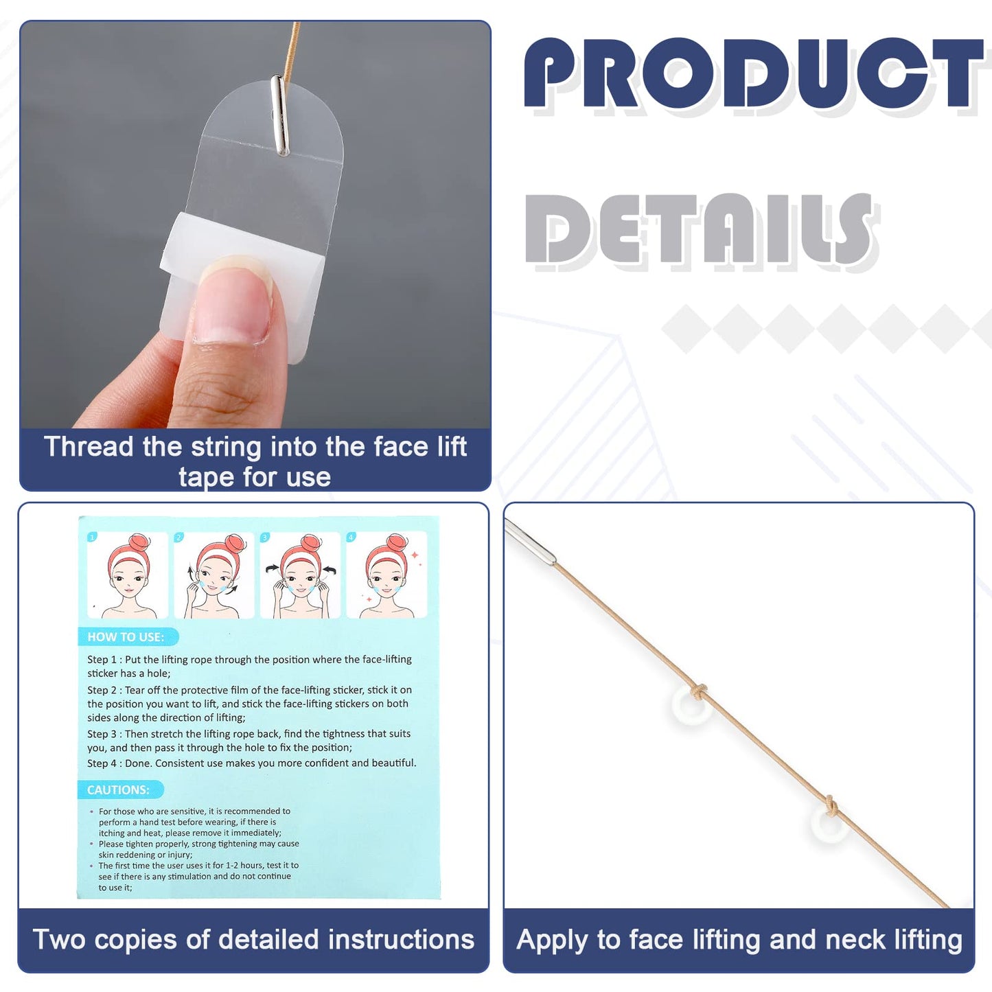 Maitys 204 Pieces Face Lift Tapes with Lifting Rope Sets 180 Pieces Face Tape Invisible Adhesive Patch Quick Band Neck and Eye Patch for Women Ladies Beauty