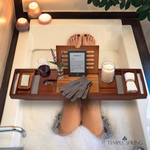 Temple Spring Bathtub Caddy Tray - Extendable Bath Tray for Bathtub with Candle, Wine Glass, Book, Pad & Phone Holders - Adjustable Bathtub Tray Over tub w/Bathroom Accessories - Wood Brown