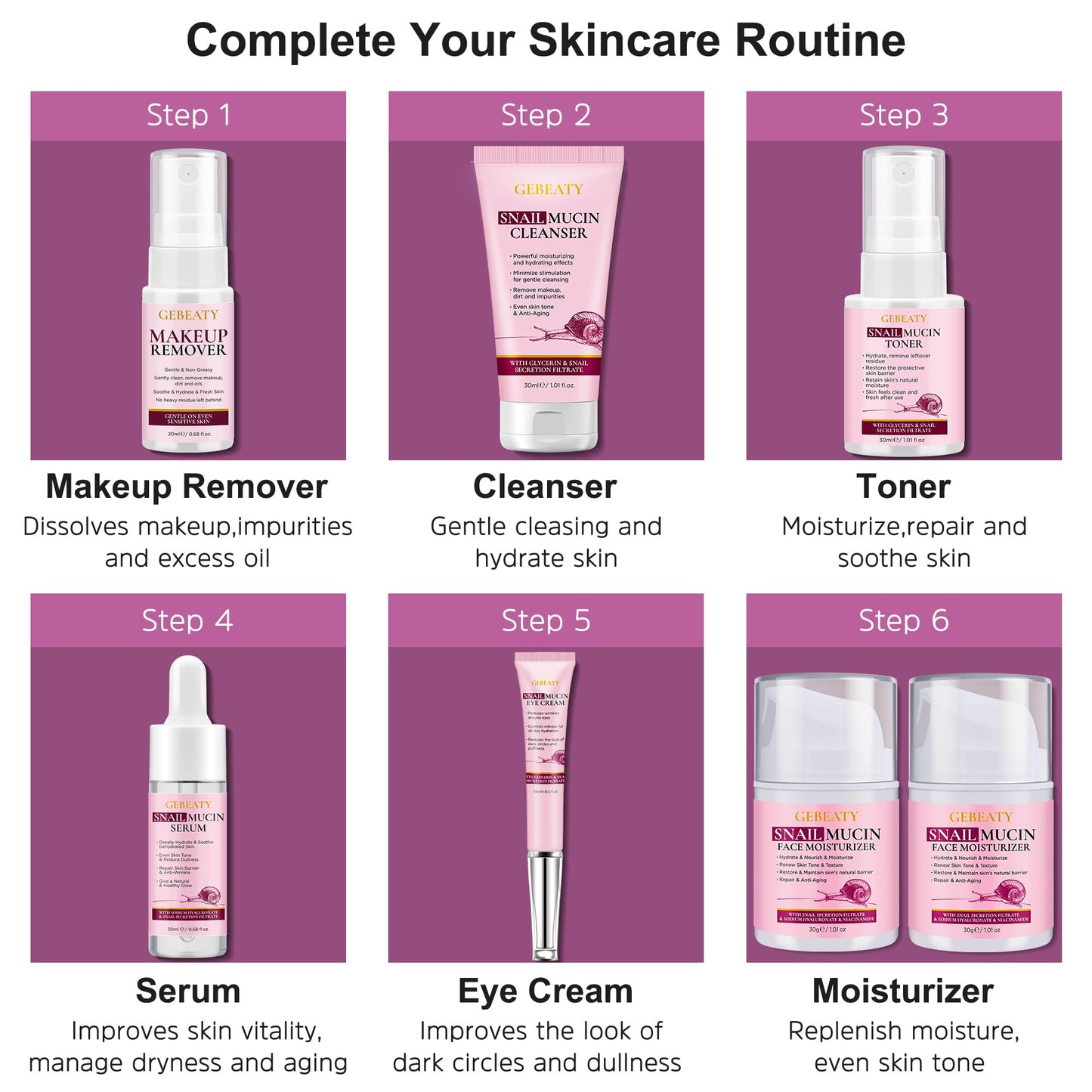Skin Care Set, 7-Piece Hydrating & Repairing Snail Mucin Skincare Routine