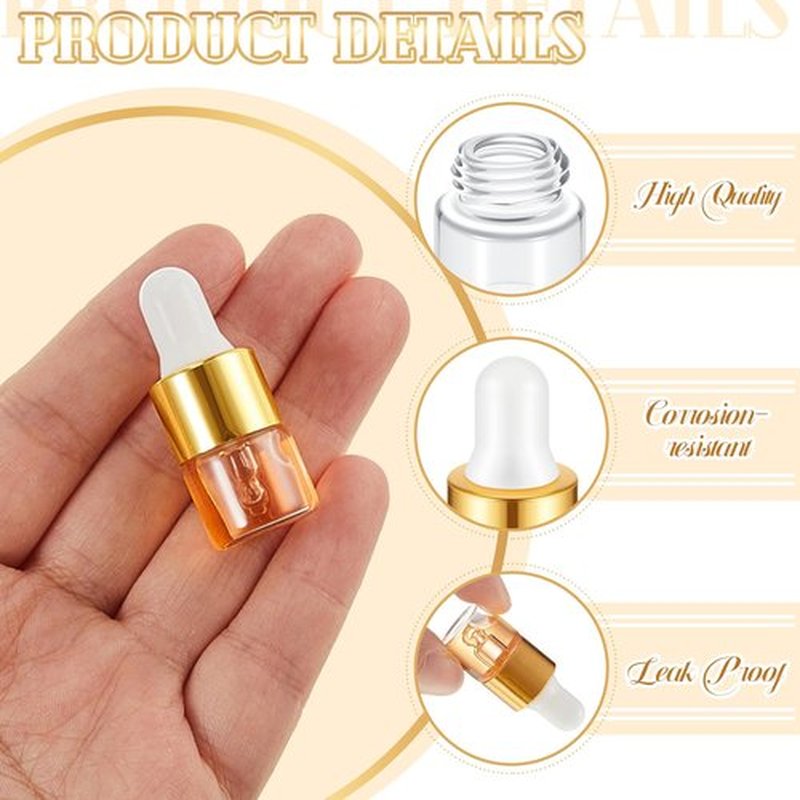 Didaey 100 Pcs Mini Glass Dropper Bottle Bulk, 1 ml Gold Clear Essential Oil Dropper Bottles Small Tincture Empty Bottles Sample Containers Perfume Liquid Vials with Cap for Traveling