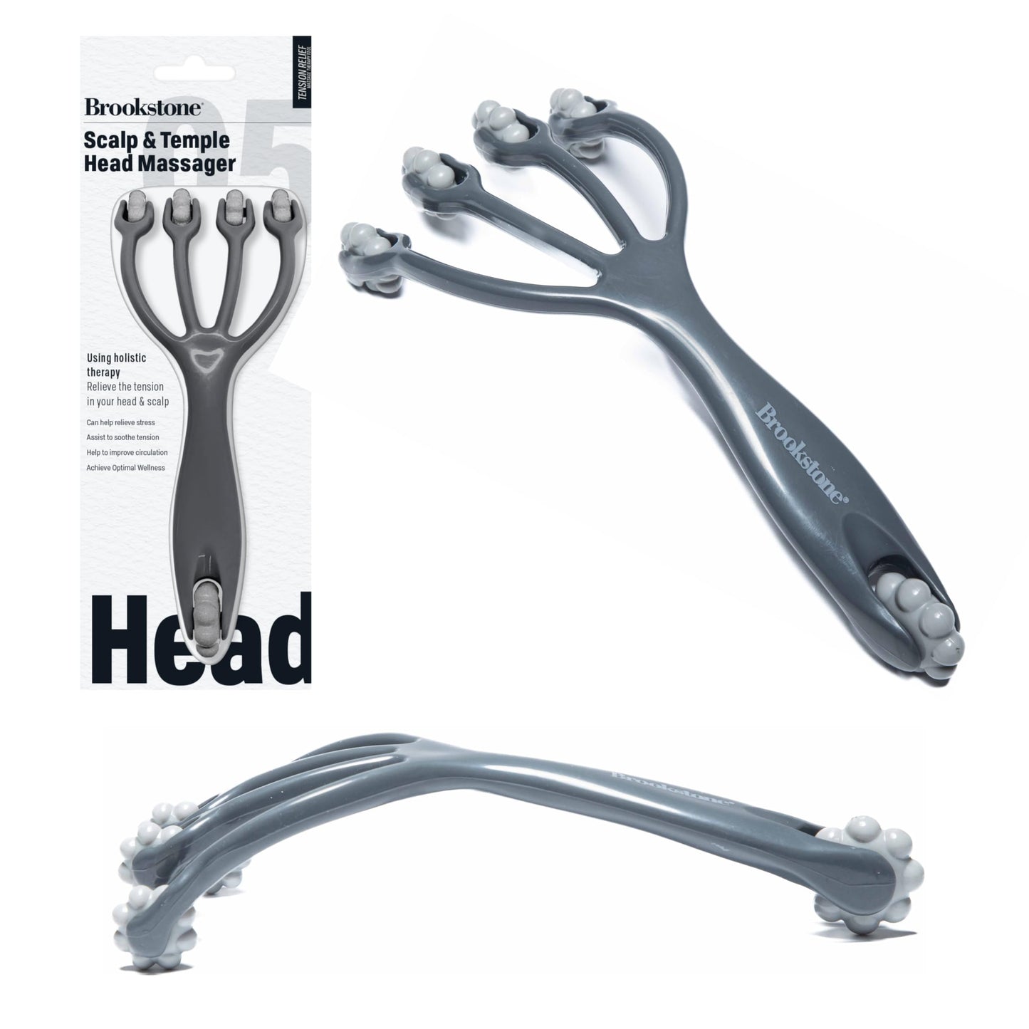 Brookstone Dual-Sided Scalp & Head Massager - Premium Scalp & Temple Relief - Roller Massager for Stress Relief & Relaxation - Ergonomic Massage Roller Tool (Grey)
