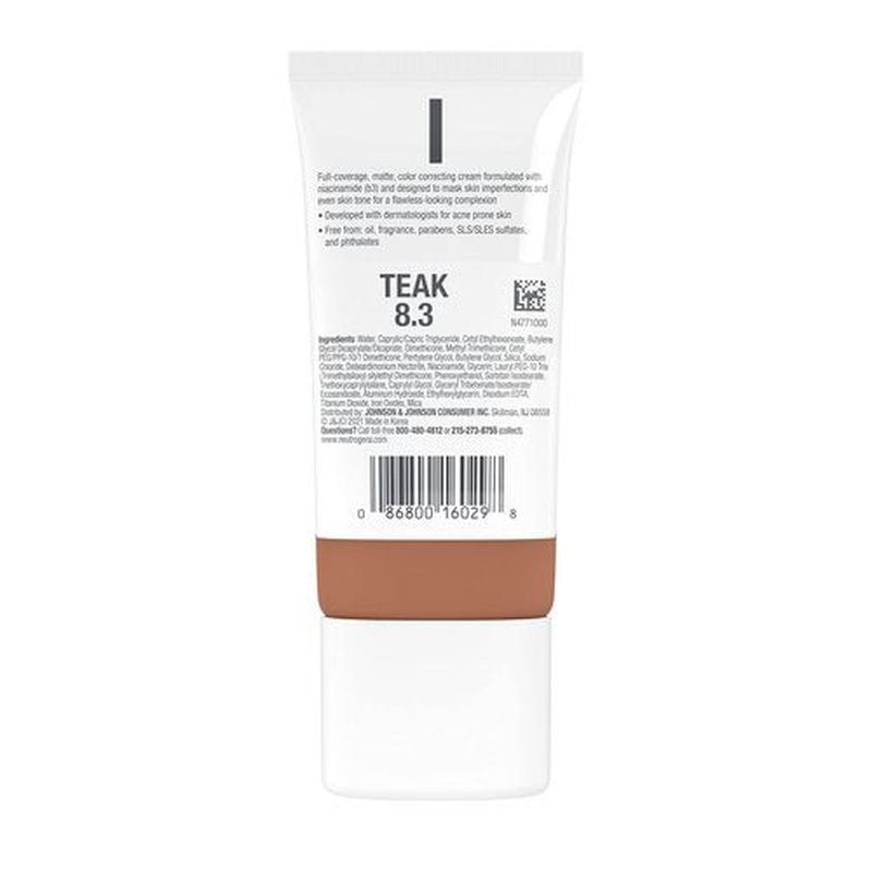 Neutrogena Clear Coverage Flawless Matte CC Cream, Full-Coverage Color Correcting Cream Face Makeup with Niacinamide (b3), Hypoallergenic, Oil Free & Fragrance Free, Teak, 1 oz
