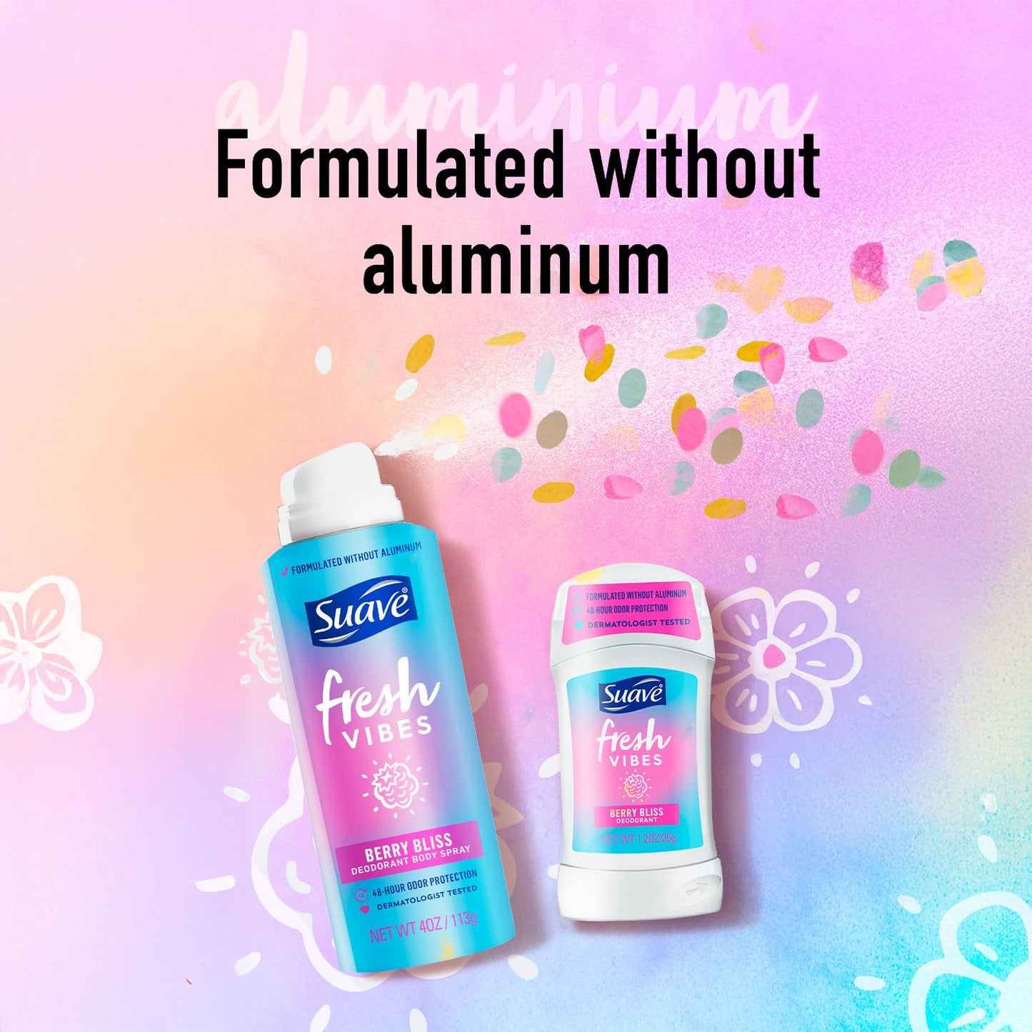 Suave Aluminum-Free Deodorant, Kids & Teen Girls – Fresh Vibes Berry Bliss 2-Pack, 48H Protection, 1.2 Oz Ea