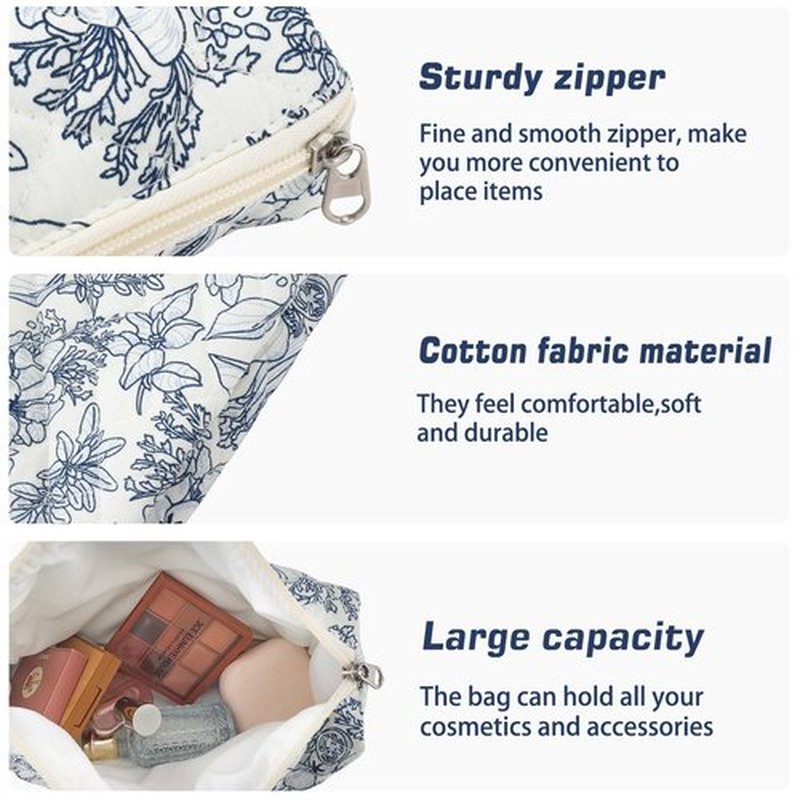 URSKYTOUS 3Pcs Cotton Quilted Makeup Bag for Women Girls Large Small Travel Black Floral Cosmetic Bags Set Cute Coquette Makeup Pouch for Purse Aesthetic Cloth Flower Storage Toiletry Bag Organizer