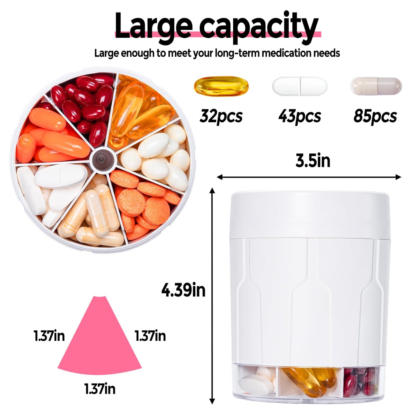 Betife Extra Large Supplement Organizer,Weekly Pill Organizer Bottle, Daily Pill Dispenser with 7 Large Compartments, Organizer to Hold 7 Day Vitamin Medication,21 Labels and a Cleaning Brush（White）
