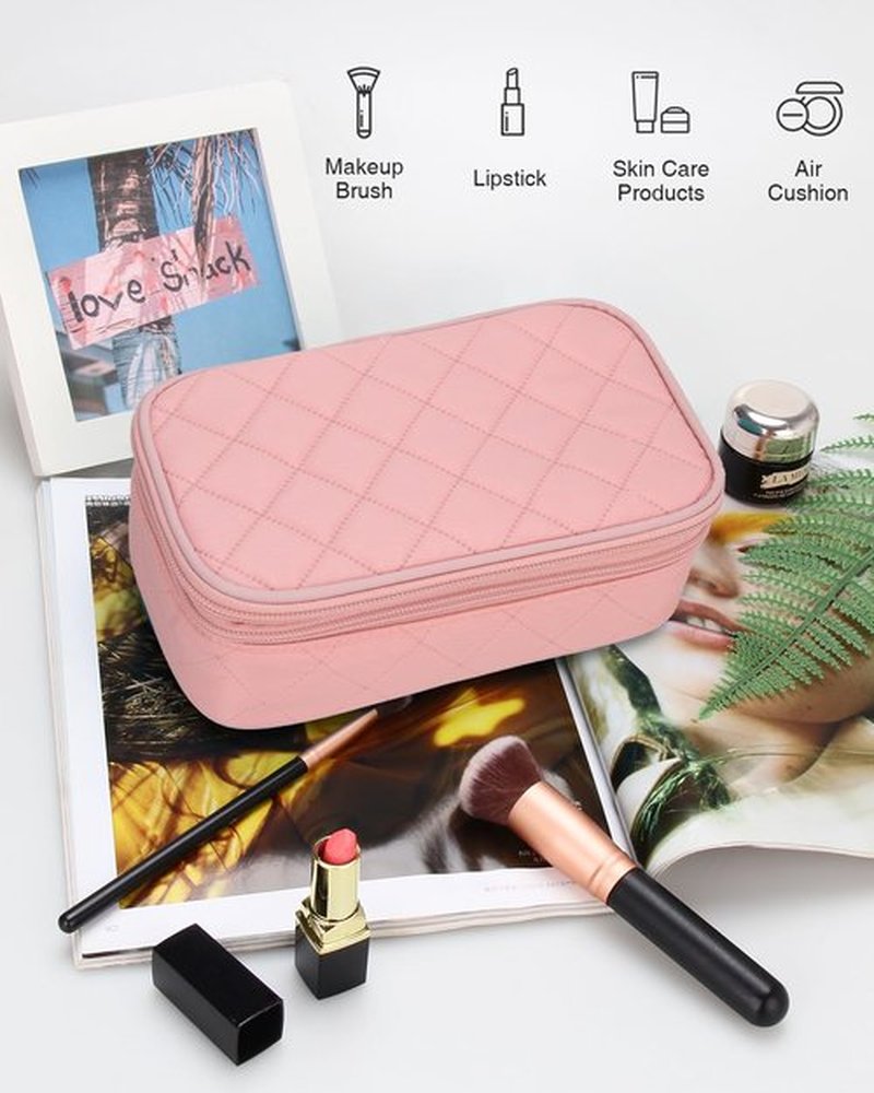 Relavel Small Makeup Bag, Small Travel Makeup Bags for Women, 2-layer Cosmetic Bag Makeup Purse with Brush Holder Compartment, Waterproof Makeup Organizer Storage (Pink)