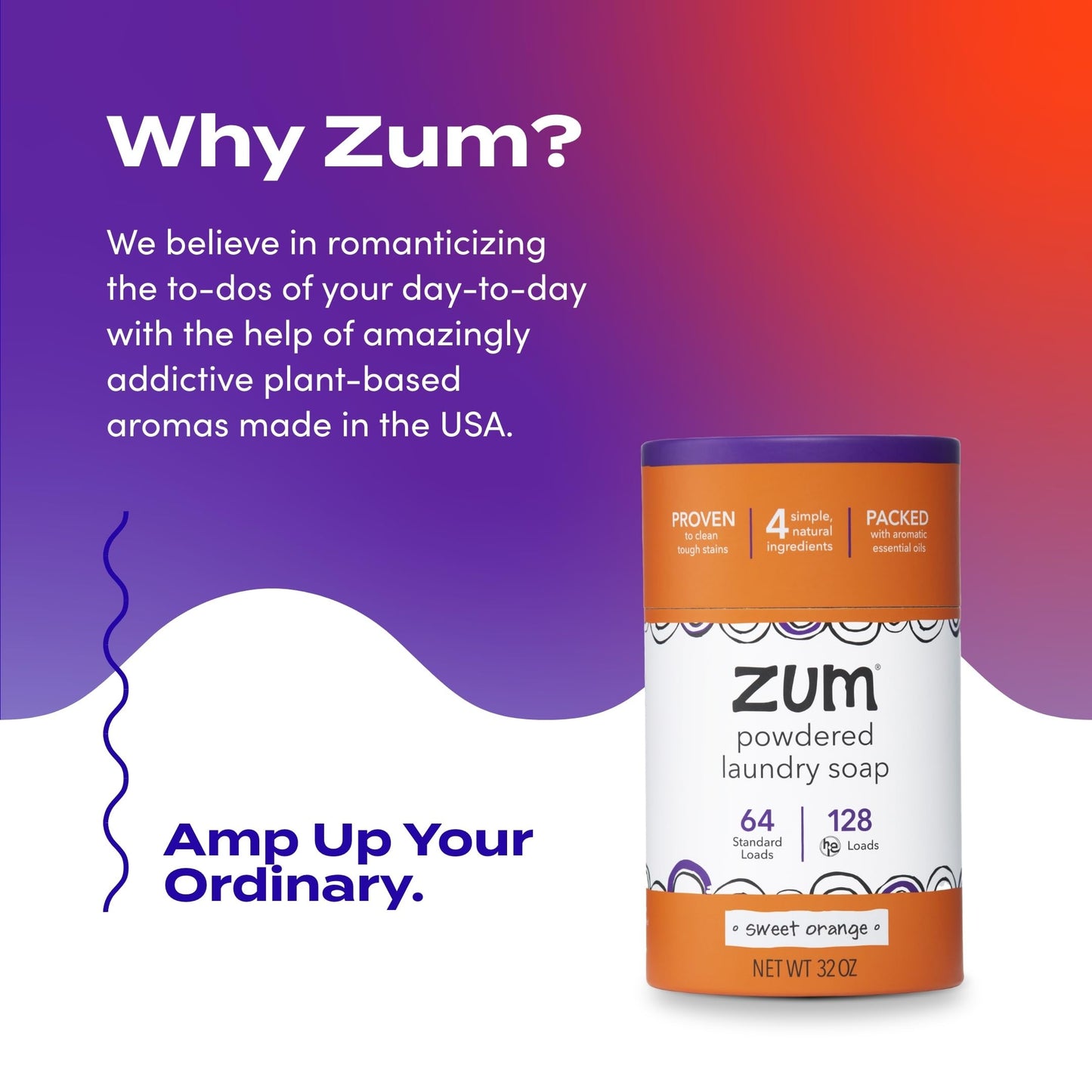 Zum Powdered Laundry Soap by Indigo Wild - Plant-Based Laundry Soap with Baking Soda, Coconut Oil & Essential Oils - 64 Loads (32 oz) - Sweet Orange