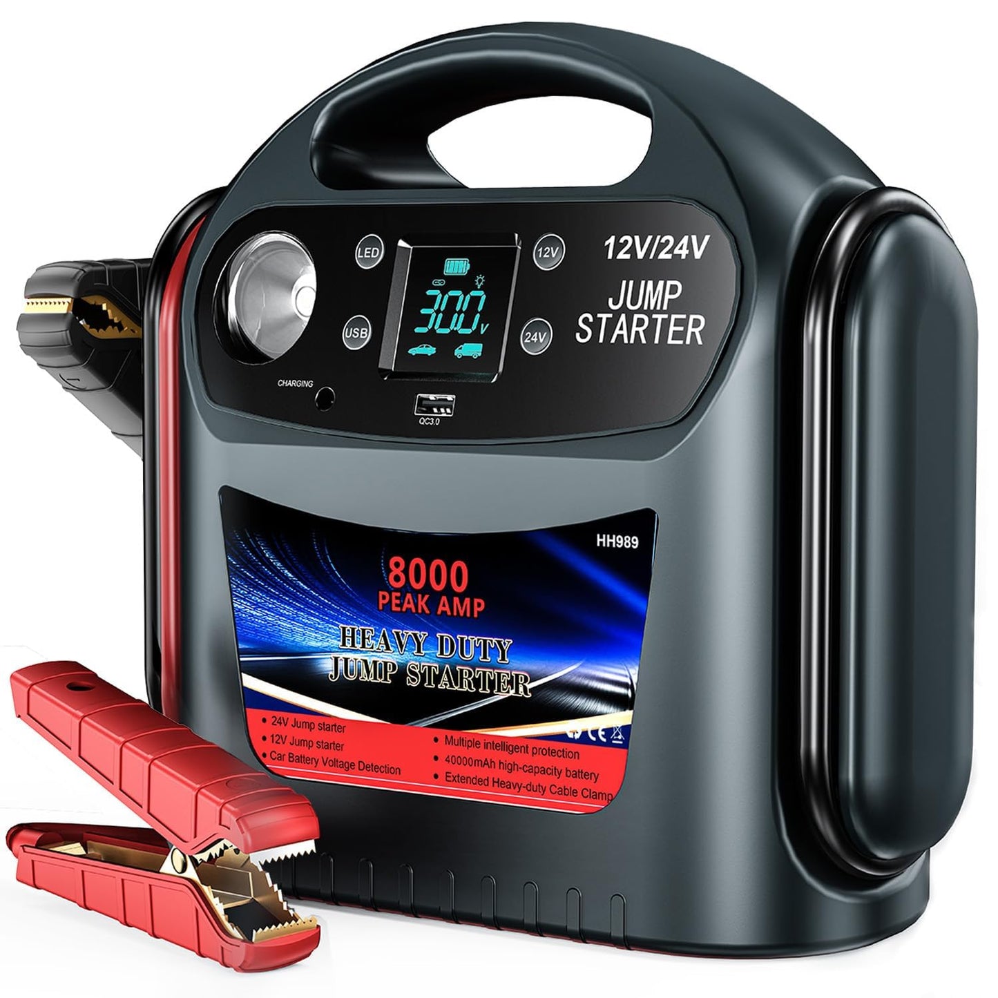 8000A Car Battery Jump Starter, Heavy Duty Jump Box for Gas & Diesel Vehicles, 12V/24V Portable Power Pack with LED Light for Trucks, SUVs, Commercial & Diesel Engines