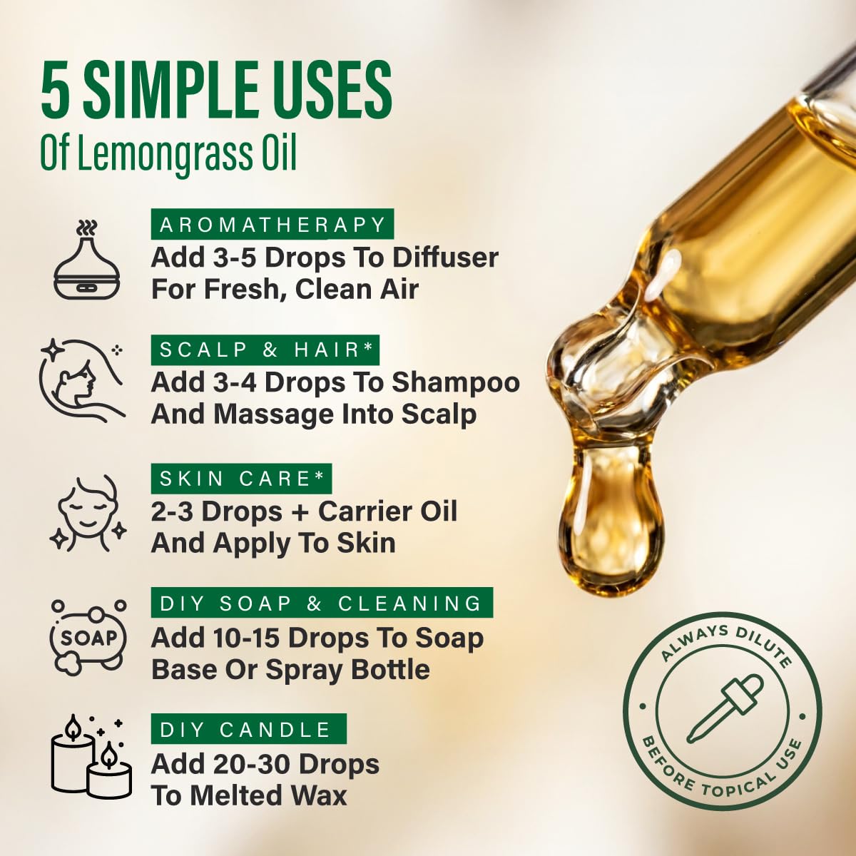 100% Pure Lemongrass Oil - 4 Fl Oz Lemongrass Essential Oil for Hair, Skin, Diffuser, Aromatherapy & DIY Soap Making Scent