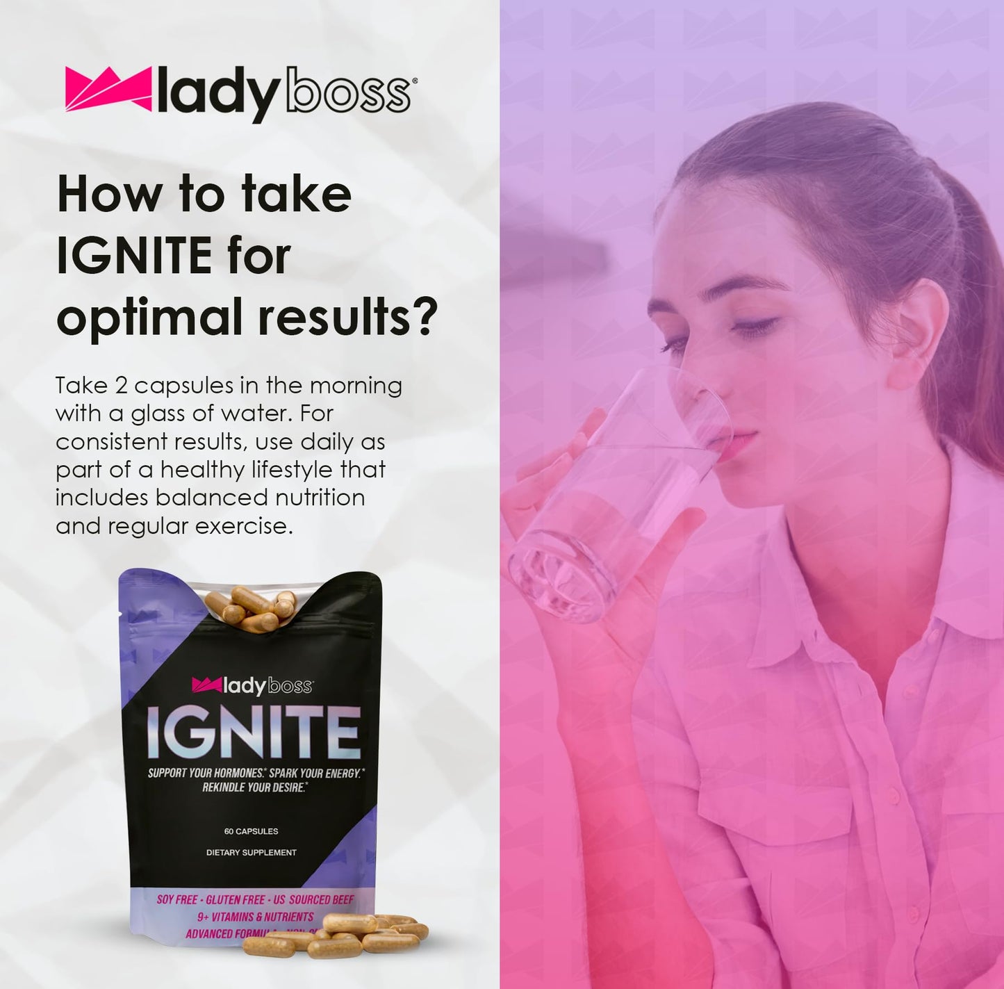 LadyBoss Ignite Hormone Balance Supplement for Women – Bloat Relief, Mood Support & Natural Energy – Premium Red Maca & Zinc Formula for Daily Vitality – 60 Capsules